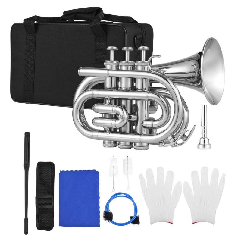 Brass |   Bb Trumpet Mini Pocket Trumpet with Mouthpiece Carry Bag Gloves Cleaning Cloth Silver Brass Brass