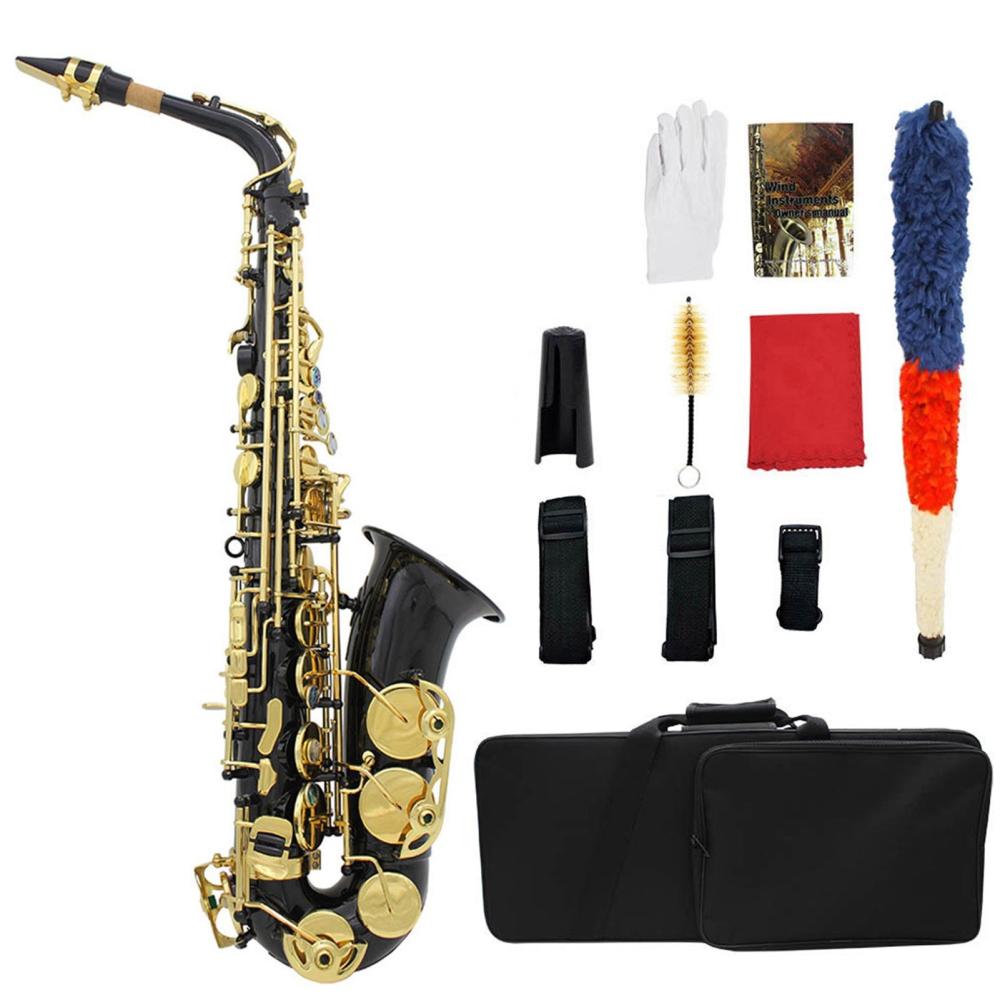 Brass |   Brass Engraved Eb E-Flat Alto Saxophone Sax with Case Gloves Cleaning Cloth Belt Brush Black Brass Black