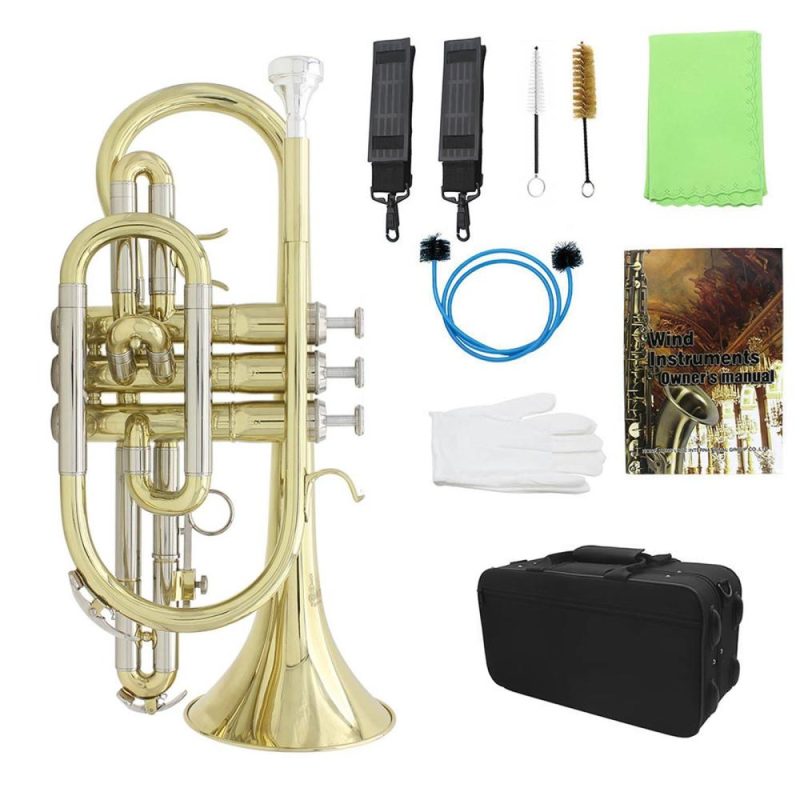 Brass |   LADE Professional Bb Flat Cornet Brass Instrument with Carrying Case Gloves Cleaning Cloth Brushes Gold Brass Brass