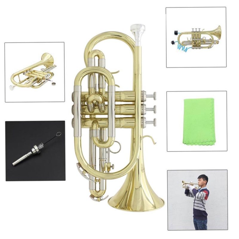 Brass |   LADE Professional Bb Flat Cornet Brass Instrument with Carrying Case Gloves Cleaning Cloth Brushes Gold Brass Brass