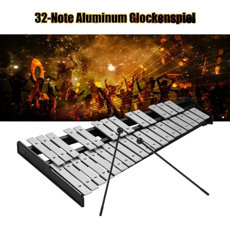 Drums & Percussion |   32-Note Xylophone Educational Glockenspiel Wooden Base Solid Aluminum Bars Silver Drums & Percussion Drums & Percussion