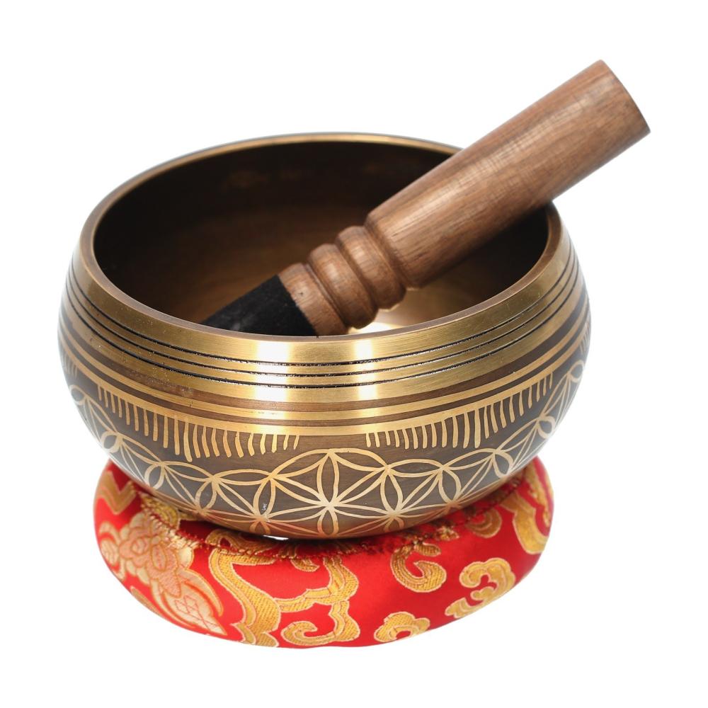 Drums & Percussion |   Bell Metal Singing Bowl Set with Mallet & Cushion Flower of Life Pattern Struck Bowl Wood Color Drums & Percussion Drums & Percussion