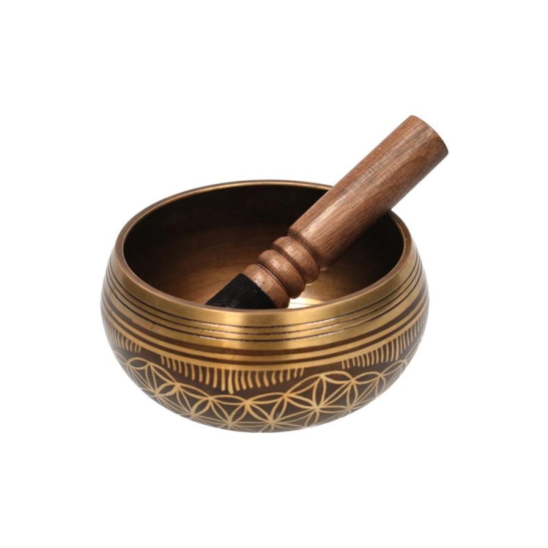 Drums & Percussion |   Bell Metal Singing Bowl Set with Mallet & Cushion Flower of Life Pattern Struck Bowl Wood Color Drums & Percussion Drums & Percussion