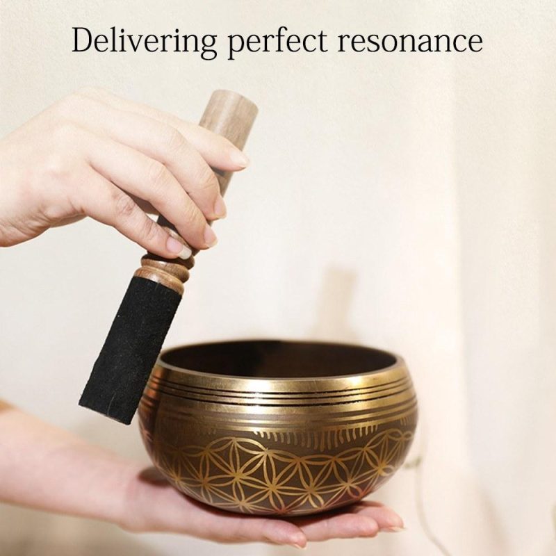 Drums & Percussion |   Bell Metal Singing Bowl Set with Mallet & Cushion Flower of Life Pattern Struck Bowl Wood Color Drums & Percussion Drums & Percussion