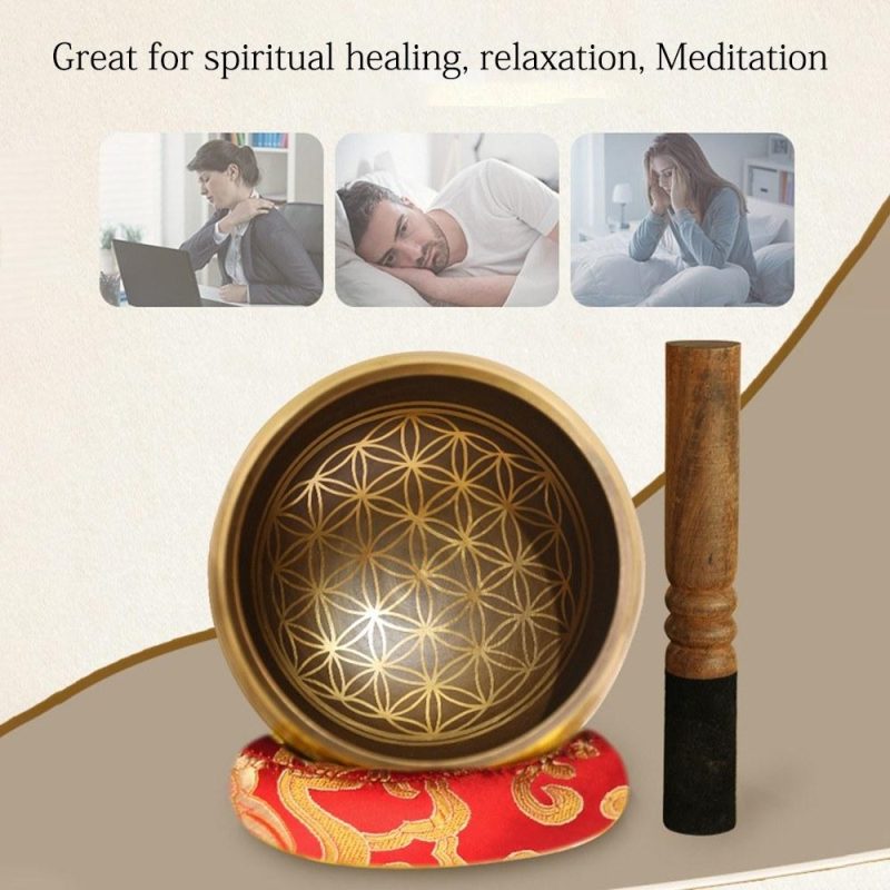 Drums & Percussion |   Bell Metal Singing Bowl Set with Mallet & Cushion Flower of Life Pattern Struck Bowl Wood Color Drums & Percussion Drums & Percussion