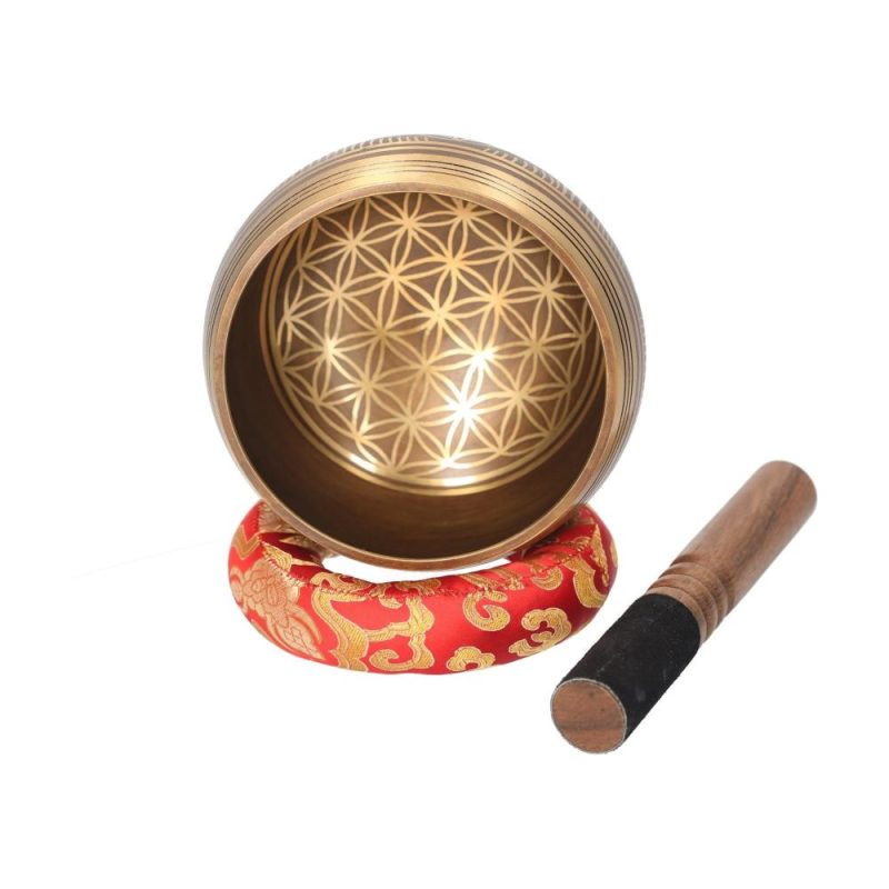 Drums & Percussion |   Bell Metal Singing Bowl Set with Mallet & Cushion Flower of Life Pattern Struck Bowl Wood Color Drums & Percussion Drums & Percussion