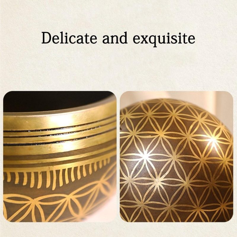 Drums & Percussion |   Bell Metal Singing Bowl Set with Mallet & Cushion Flower of Life Pattern Struck Bowl Wood Color Drums & Percussion Drums & Percussion