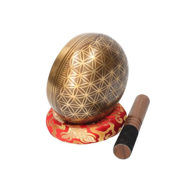 Drums & Percussion |   Bell Metal Singing Bowl Set with Mallet & Cushion Flower of Life Pattern Struck Bowl Wood Color Drums & Percussion Drums & Percussion