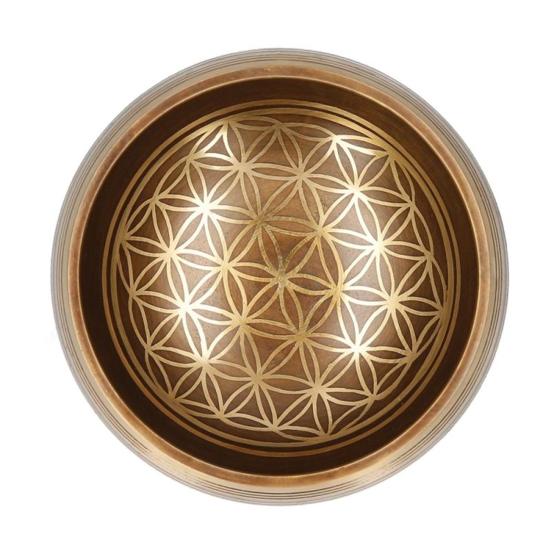 Drums & Percussion |   Bell Metal Singing Bowl Set with Mallet & Cushion Flower of Life Pattern Struck Bowl Wood Color Drums & Percussion Drums & Percussion