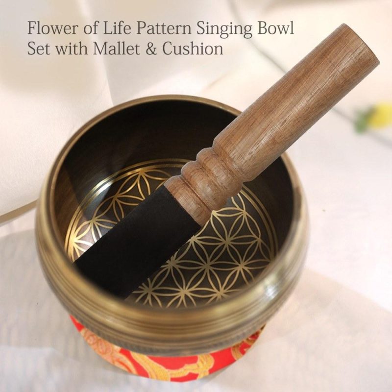 Drums & Percussion |   Bell Metal Singing Bowl Set with Mallet & Cushion Flower of Life Pattern Struck Bowl Wood Color Drums & Percussion Drums & Percussion