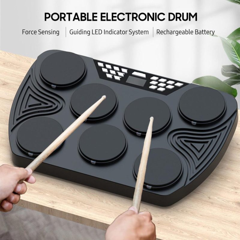 Drums & Percussion |   Multifunction Portable Electronic Drum Set 7 Velocity-Sensitive Pads Tabletop Drum Black Drums & Percussion Black