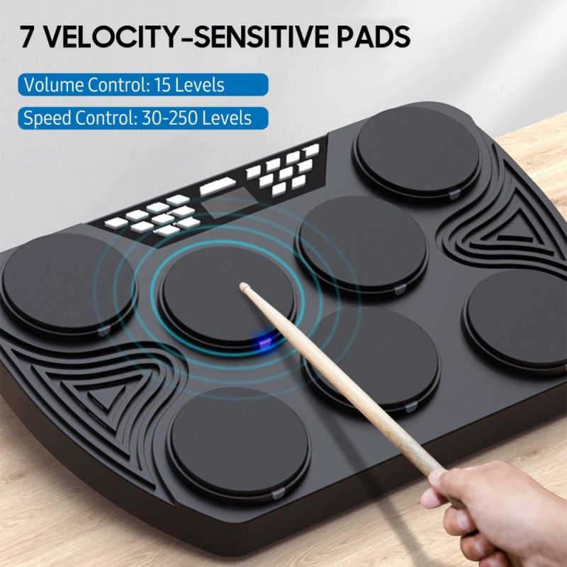 Drums & Percussion |   Multifunction Portable Electronic Drum Set 7 Velocity-Sensitive Pads Tabletop Drum Black Drums & Percussion Black