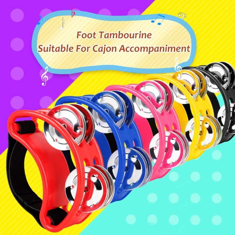 Drums & Percussion |   Percussion Foot Tambourine with 4 Pairs of Stainless Steel Jingles & Elastic Strap Percussion Musical Instrument for Cajon Accompaniment Black Drums & Percussion Black