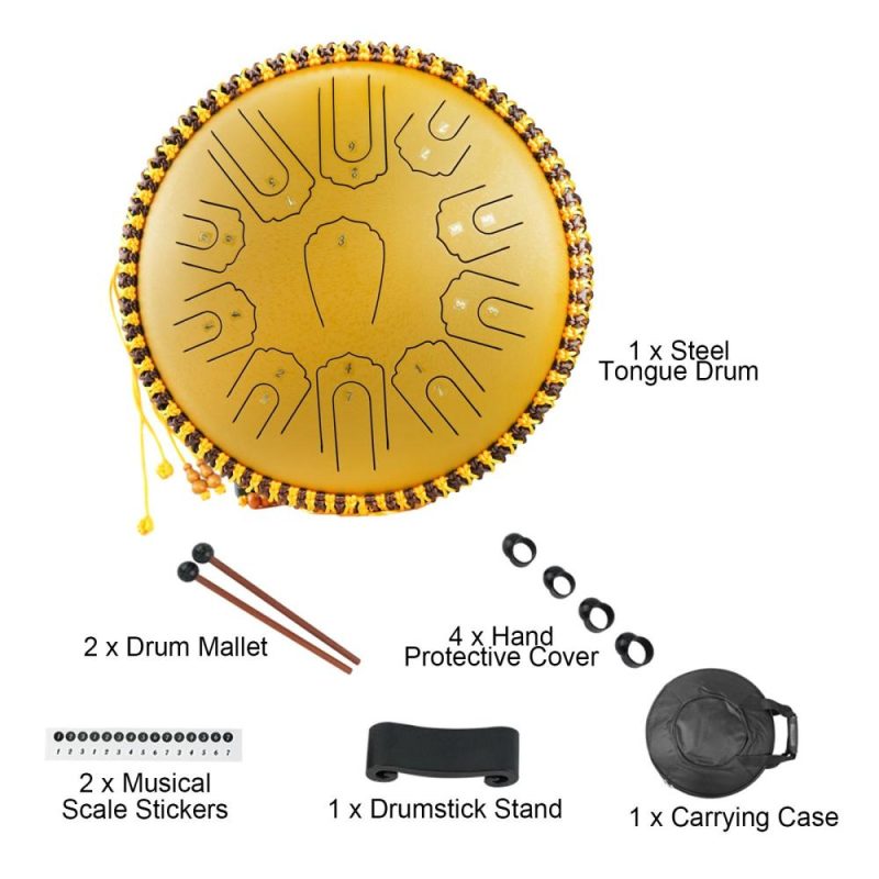 Drums & Percussion |   Steel Tongue Drum 15 Inch 21 Notes C Key Percussion Instrument Balmy Drum with Drum Mallets Gold Drums & Percussion Drums & Percussion