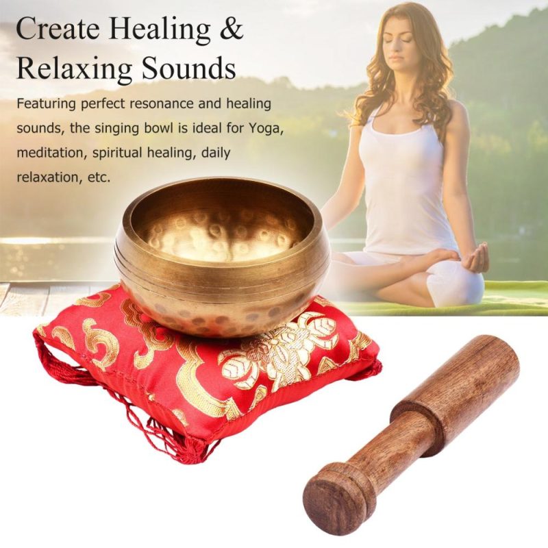 Drums & Percussion |   Tibetan Singing Bowl Set 8cm caliber scale pattern bowl + 12.5*2.5cm black wooden stick + 10cm red square cushion Drums & Percussion Drums & Percussion