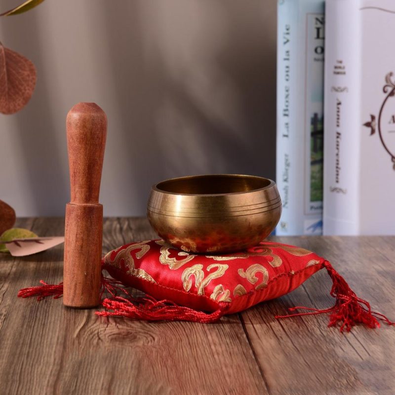 Drums & Percussion |   Tibetan Singing Bowl Set 8cm caliber scale pattern bowl + 12*2cm ordinary wooden stick + 10cm red square cushion Drums & Percussion Drums & Percussion