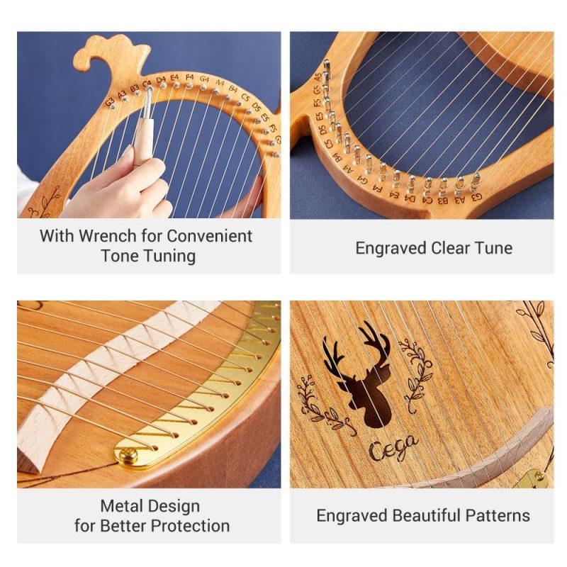 Keyboards & Pianos |   16-String Wooden Lyre Harp Resonance Box String Instrument with Tuning Wrench 3pcs Picks Natural Keyboards & Pianos Keyboards & Pianos