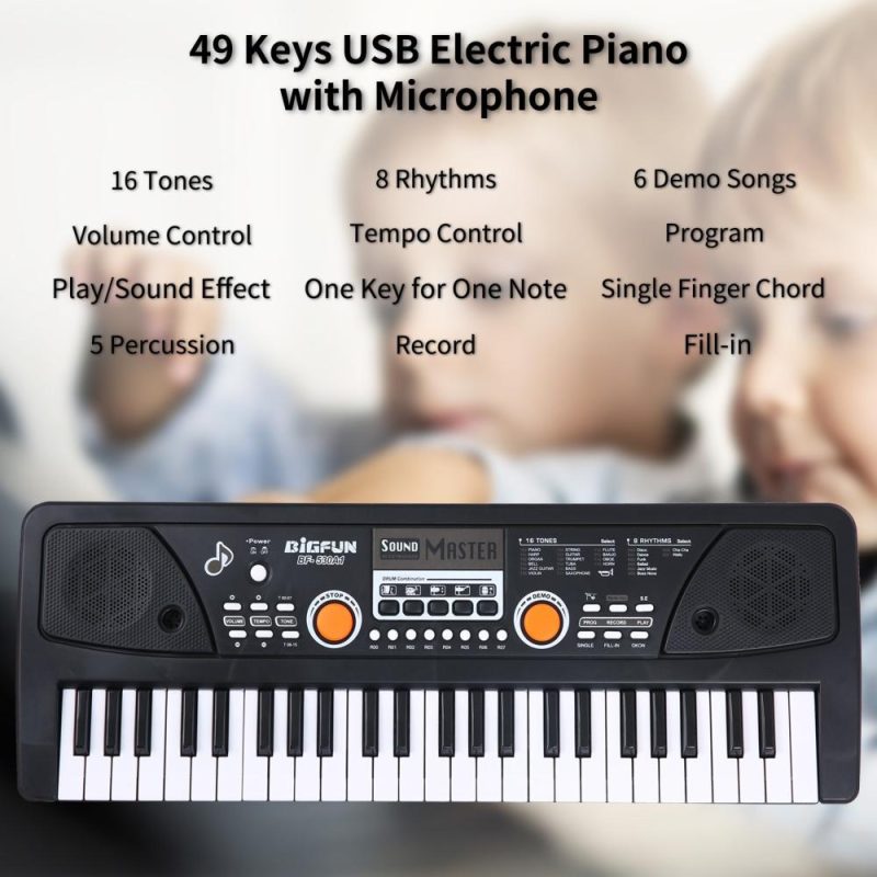 Keyboards & Pianos |   49 Keys USB Electronic Organ Kids Electric Piano with Microphone Black Digital Music Electronic Keyboard Black Keyboards & Pianos Black