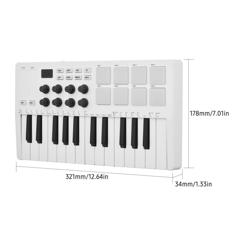 Keyboards & Pianos |   Mini MIDI Keyboard – 25-Key USB Controller with Velocity Sensitive Keys and 8 RGB Pads White Keyboards & Pianos Keyboards & Pianos