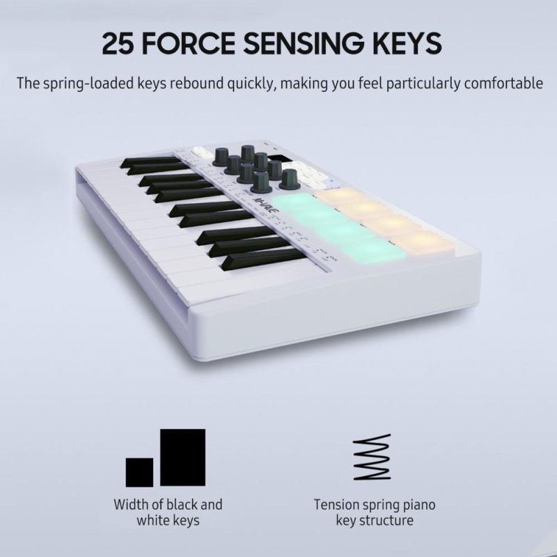 Keyboards & Pianos |   Mini MIDI Keyboard – 25-Key USB Controller with Velocity Sensitive Keys and 8 RGB Pads White Keyboards & Pianos Keyboards & Pianos