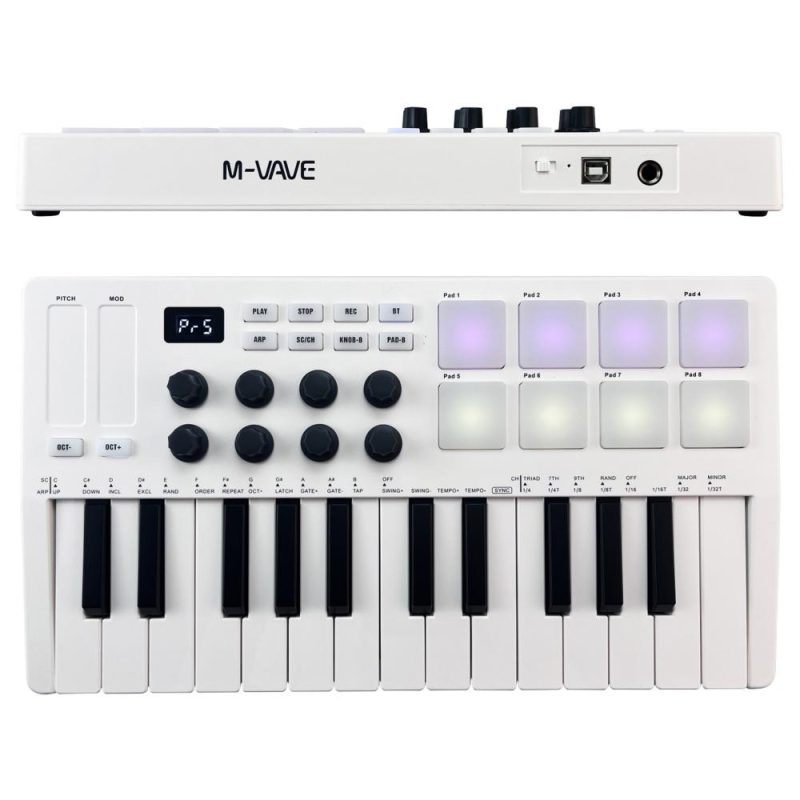 Keyboards & Pianos |   Mini MIDI Keyboard – 25-Key USB Controller with Velocity Sensitive Keys and 8 RGB Pads White Keyboards & Pianos Keyboards & Pianos