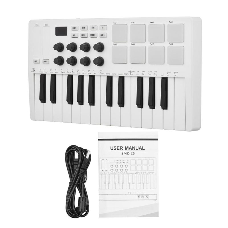 Keyboards & Pianos |   Mini MIDI Keyboard – 25-Key USB Controller with Velocity Sensitive Keys and 8 RGB Pads White Keyboards & Pianos Keyboards & Pianos