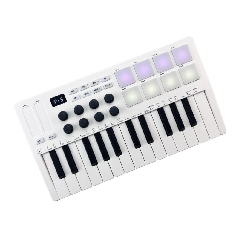 Keyboards & Pianos |   Mini MIDI Keyboard – 25-Key USB Controller with Velocity Sensitive Keys and 8 RGB Pads White Keyboards & Pianos Keyboards & Pianos