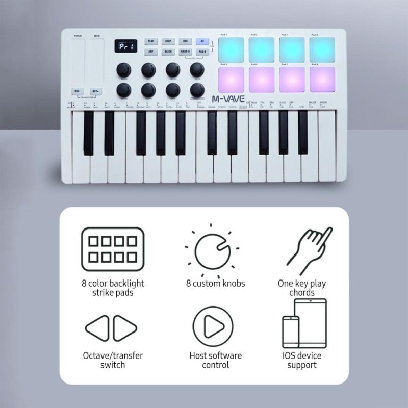 Keyboards & Pianos |   Mini MIDI Keyboard – 25-Key USB Controller with Velocity Sensitive Keys and 8 RGB Pads White Keyboards & Pianos Keyboards & Pianos