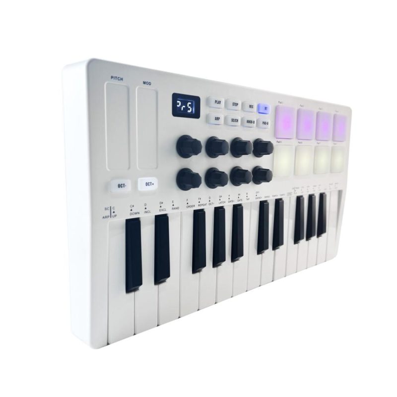 Keyboards & Pianos |   Mini MIDI Keyboard – 25-Key USB Controller with Velocity Sensitive Keys and 8 RGB Pads White Keyboards & Pianos Keyboards & Pianos