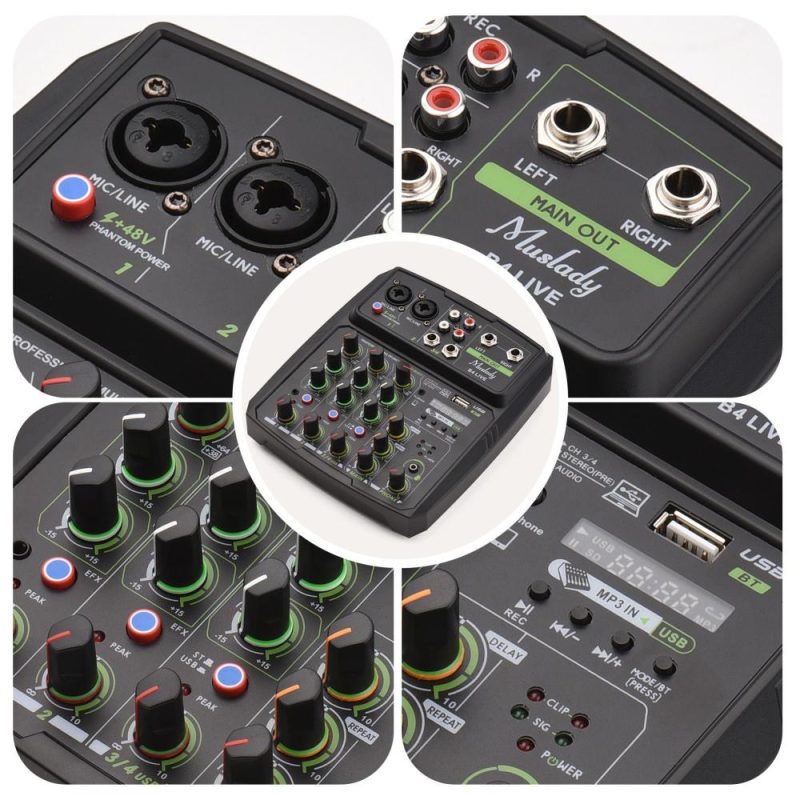 Musical Effects |   4 Channel Audio Mixer Mixing Console LED Screen Black Musical Effects Black