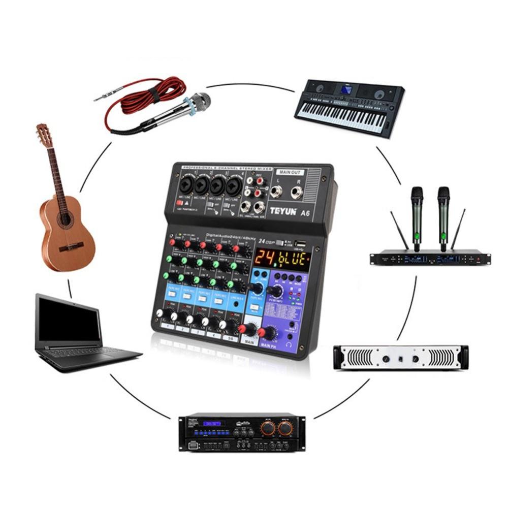 Musical Effects |   A6 6CH Protable Mini Mixer Audio Console with Sound Card Black Musical Effects Black