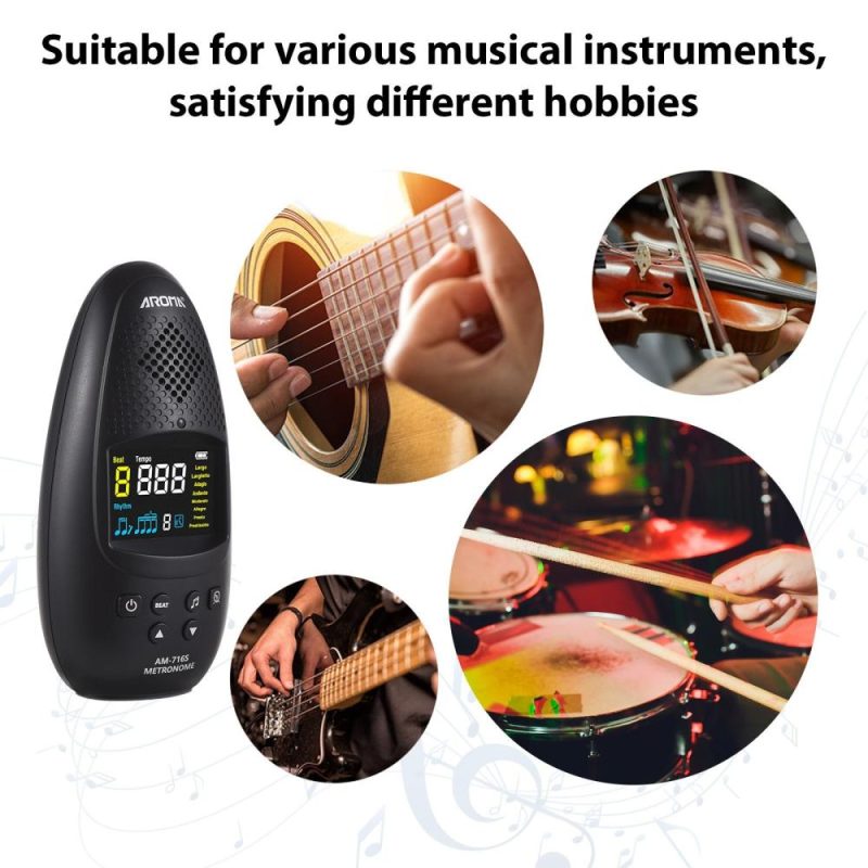 Musical Effects |   AM-716S Electronic Metronome: Compact, Rechargeable, and Multifunctional for All Musicians Black Musical Effects Black