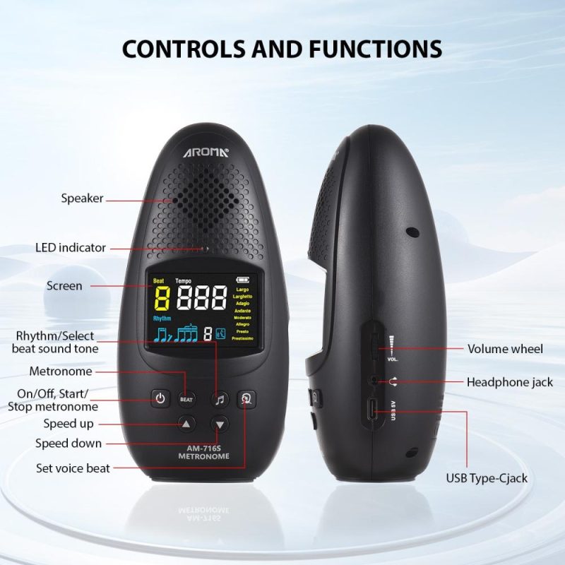 Musical Effects |   AM-716S Electronic Metronome: Compact, Rechargeable, and Multifunctional for All Musicians Black Musical Effects Black