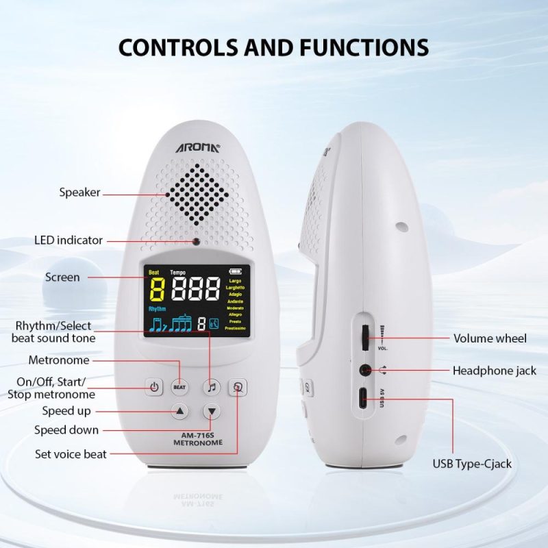 Musical Effects |   AM-716S Electronic Metronome: Compact, Rechargeable, and Multifunctional for All Musicians White Musical Effects Musical Effects