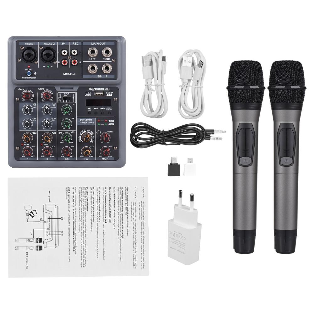 Musical Effects |   Audio Mixer 6 Channel Mixing Console with 2 Wireless Microphone BT Mixer Musical Effects Musical Effects