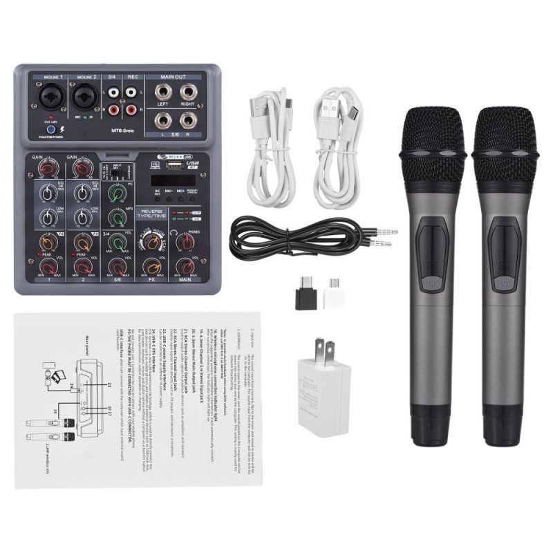 Musical Effects |   Audio Mixer 6 Channel Mixing Console with 2 Wireless Microphone BT Mixer Musical Effects Musical Effects