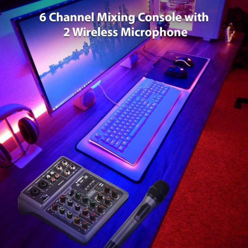 Musical Effects |   Audio Mixer 6 Channel Mixing Console with 2 Wireless Microphone BT Mixer Musical Effects Musical Effects