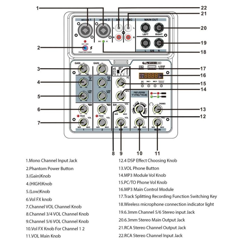 Musical Effects |   Audio Mixer 6 Channel Mixing Console with 2 Wireless Microphone BT Mixer Musical Effects Musical Effects