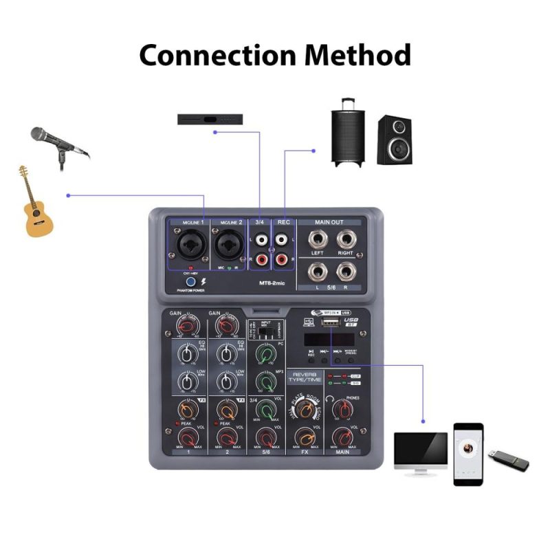 Musical Effects |   Audio Mixer 6 Channel Mixing Console with 2 Wireless Microphone BT Mixer Musical Effects Musical Effects