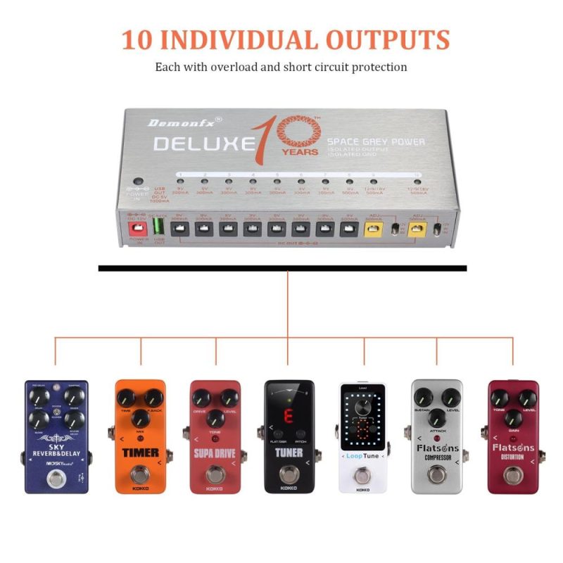 Musical Effects |   Demonfx Guitar Power Supply 10 Isolated Output for 9V/12V/18V Effect Pedal Silver Musical Effects Musical Effects