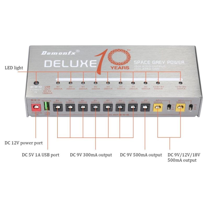 Musical Effects |   Demonfx Guitar Power Supply 10 Isolated Output for 9V/12V/18V Effect Pedal Silver Musical Effects Musical Effects