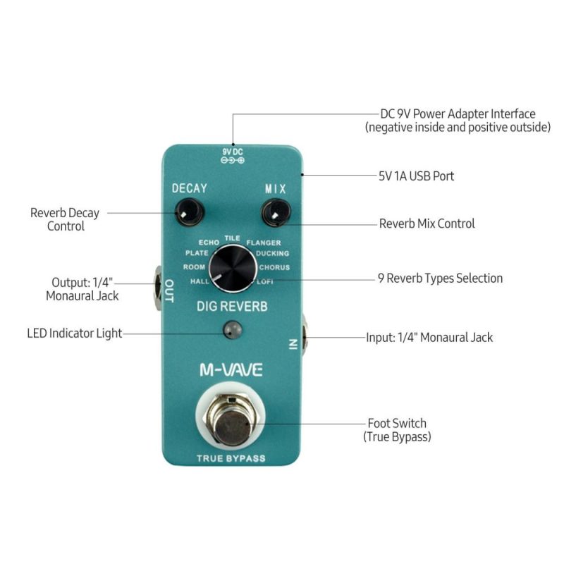 Musical Effects |   DIG REVERB Digital Reverb Guitar Effect Pedal 9 Reverb Types Decay & Mix Control True Bypass Full Metal Shell Musical Effects Musical Effects