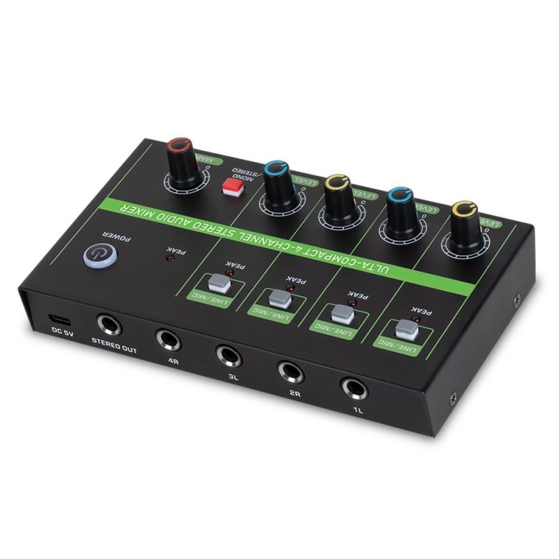 Musical Effects |   K4 4-Channel Audio Mixer: Low-Noise Mono Stereo Line Mixer for Wired Microphones, Electronic Pianos, Computers, Guitars, and Electronic Drums Black Musical Effects Black