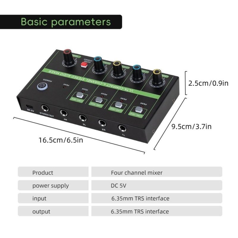 Musical Effects |   K4 4-Channel Audio Mixer: Low-Noise Mono Stereo Line Mixer for Wired Microphones, Electronic Pianos, Computers, Guitars, and Electronic Drums Black Musical Effects Black