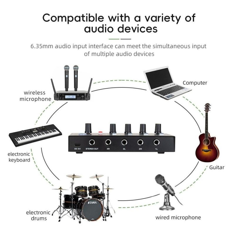 Musical Effects |   K4 4-Channel Audio Mixer: Low-Noise Mono Stereo Line Mixer for Wired Microphones, Electronic Pianos, Computers, Guitars, and Electronic Drums Black Musical Effects Black