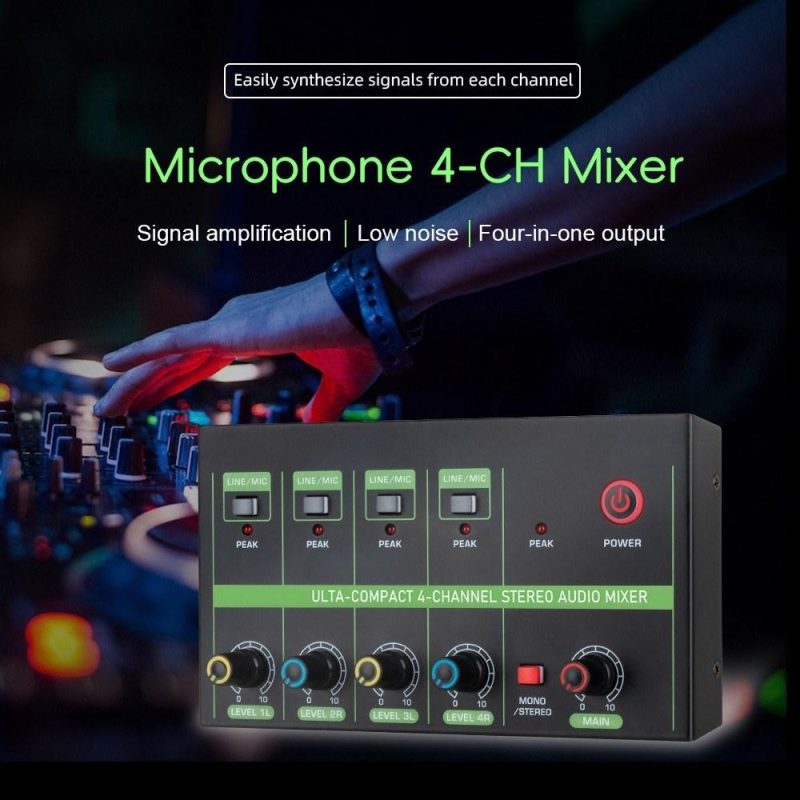 Musical Effects |   K4 4-Channel Audio Mixer: Low-Noise Mono Stereo Line Mixer for Wired Microphones, Electronic Pianos, Computers, Guitars, and Electronic Drums Black Musical Effects Black