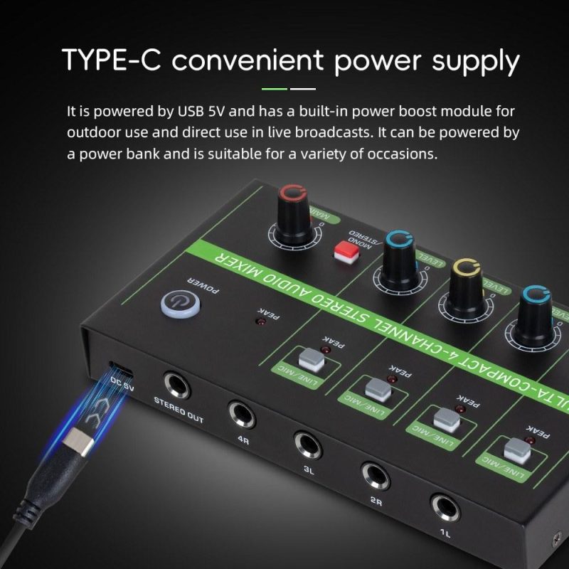 Musical Effects |   K4 4-Channel Audio Mixer: Low-Noise Mono Stereo Line Mixer for Wired Microphones, Electronic Pianos, Computers, Guitars, and Electronic Drums Black Musical Effects Black