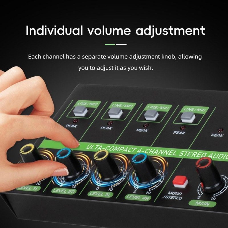 Musical Effects |   K4 4-Channel Audio Mixer: Low-Noise Mono Stereo Line Mixer for Wired Microphones, Electronic Pianos, Computers, Guitars, and Electronic Drums Black Musical Effects Black