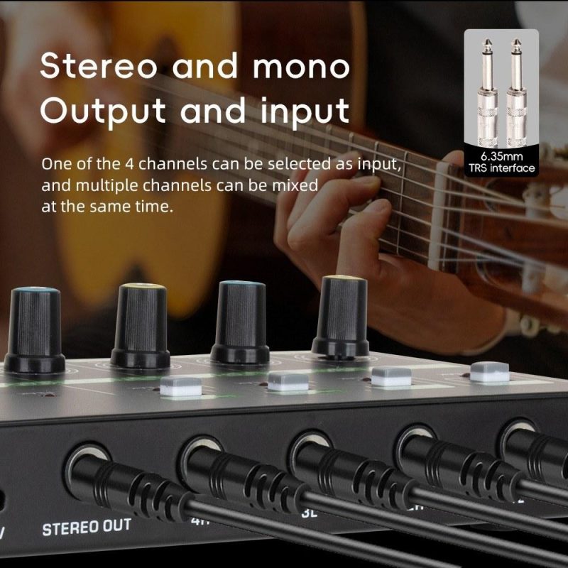 Musical Effects |   K4 4-Channel Audio Mixer: Low-Noise Mono Stereo Line Mixer for Wired Microphones, Electronic Pianos, Computers, Guitars, and Electronic Drums Black Musical Effects Black