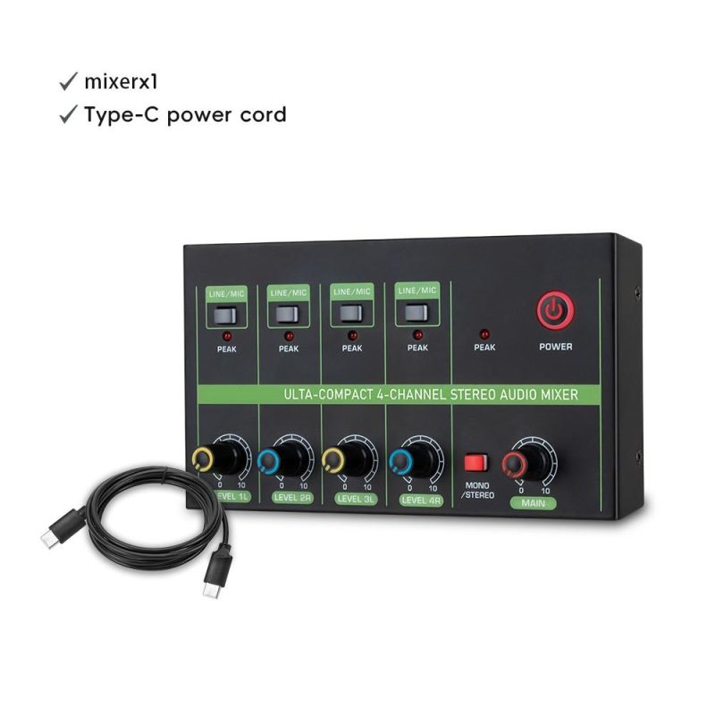 Musical Effects |   K4 4-Channel Audio Mixer: Low-Noise Mono Stereo Line Mixer for Wired Microphones, Electronic Pianos, Computers, Guitars, and Electronic Drums Black Musical Effects Black